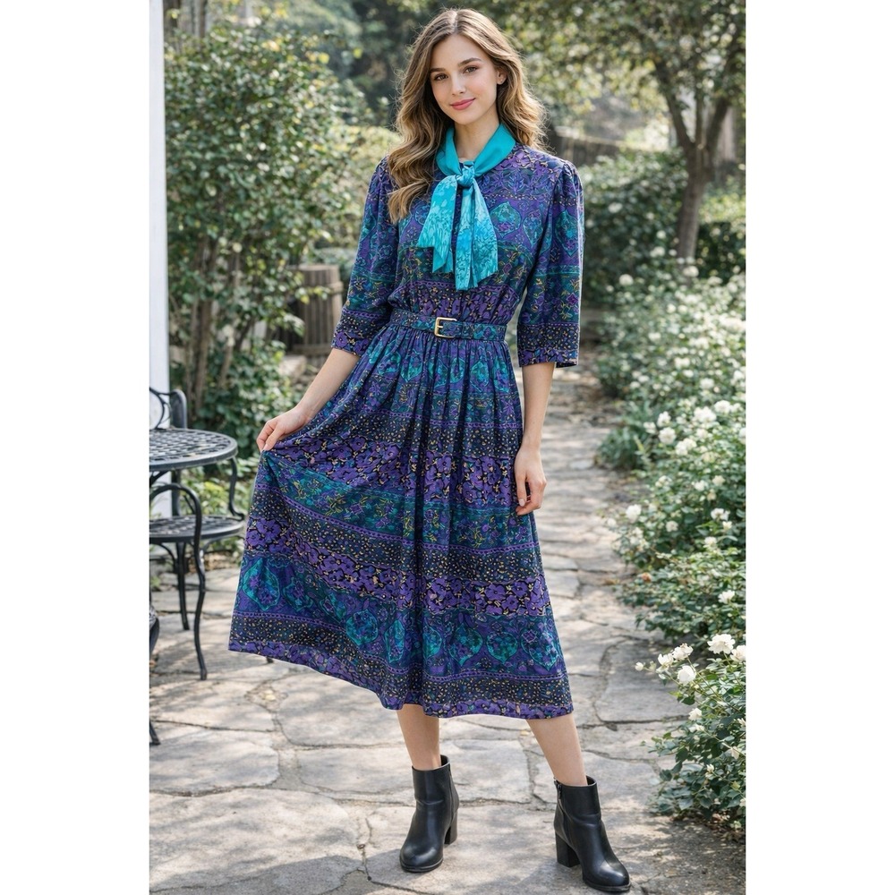VTG 80's Serbin of Florida Teal Purple Floral Hostess Artwear Boho Dress HH42
